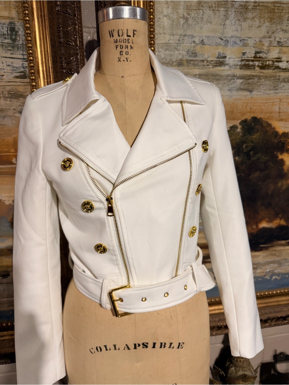 White Double-Breasted Belted Leather Moto Jacket with Gold Hardware